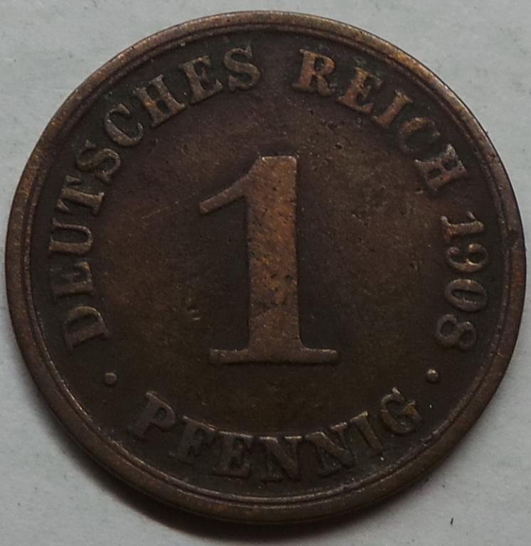 Германия 1 пфенниг 1908 A года КМ#10