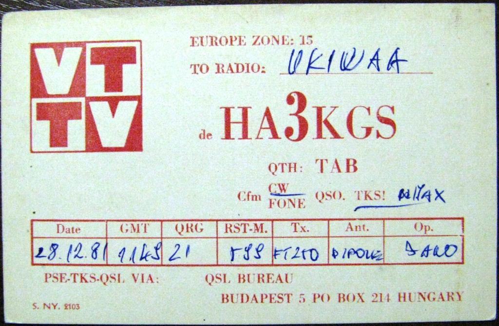 К22-351 QSL КАРТОЧКА РАДИООБМЕНА ВЕНГРИЯ 1981
