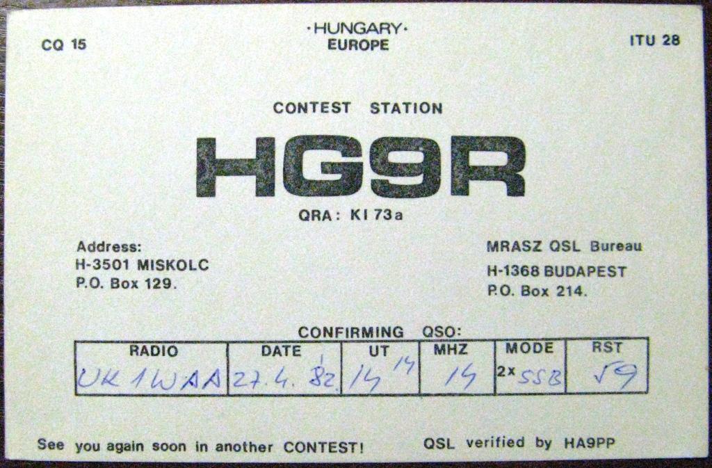 К22-360 QSL КАРТОЧКА РАДИООБМЕНА ВЕНГРИЯ 1982