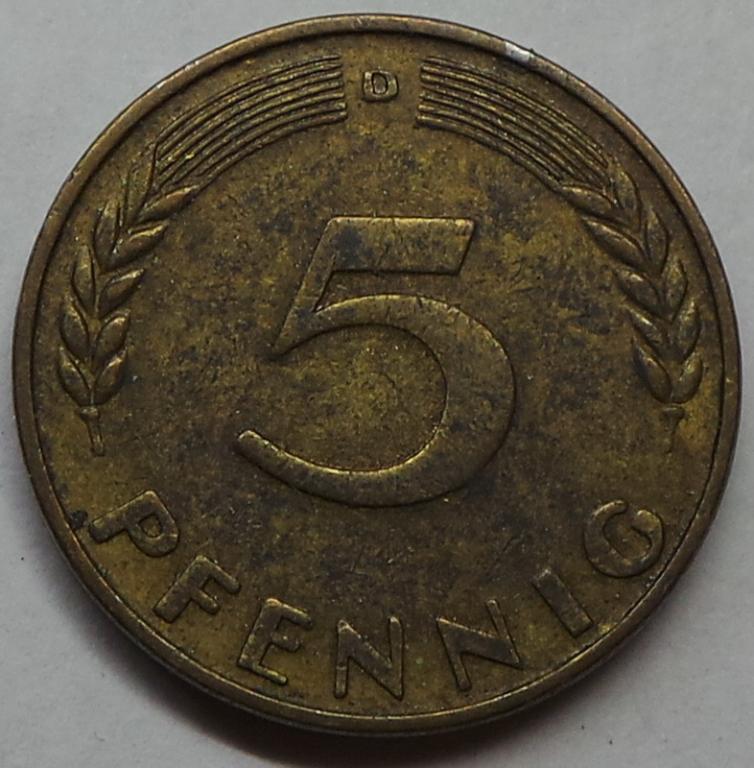 Германия 5 пфеннигов 1950 D года ФРГ (2) КМ#107