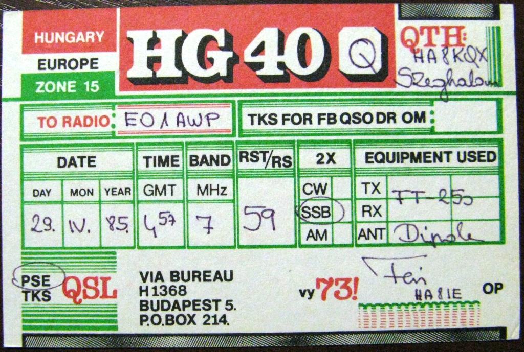 К22-382 QSL КАРТОЧКА РАДИООБМЕНА ВЕНГРИЯ 1985