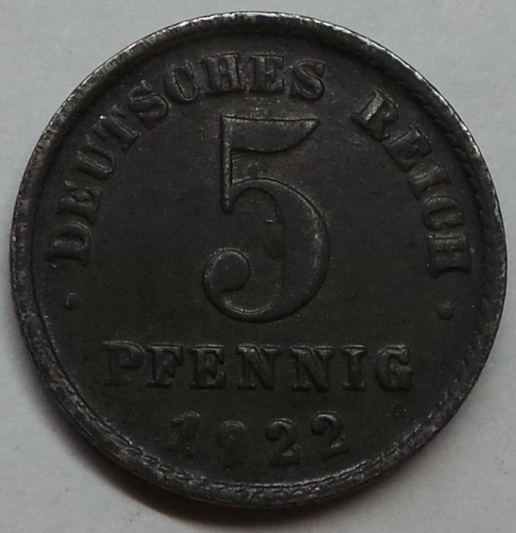 Германия 5 пфеннигов 1922 G года КМ#19