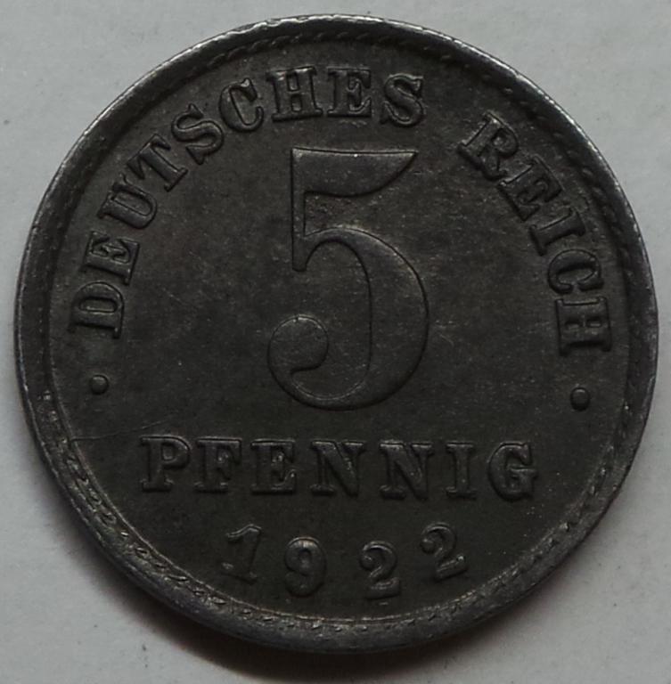Германия 5 пфеннигов 1922 F года (7) КМ#19