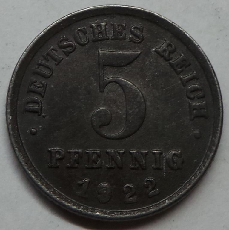 Германия 5 пфеннигов 1922 F года (5) КМ#19