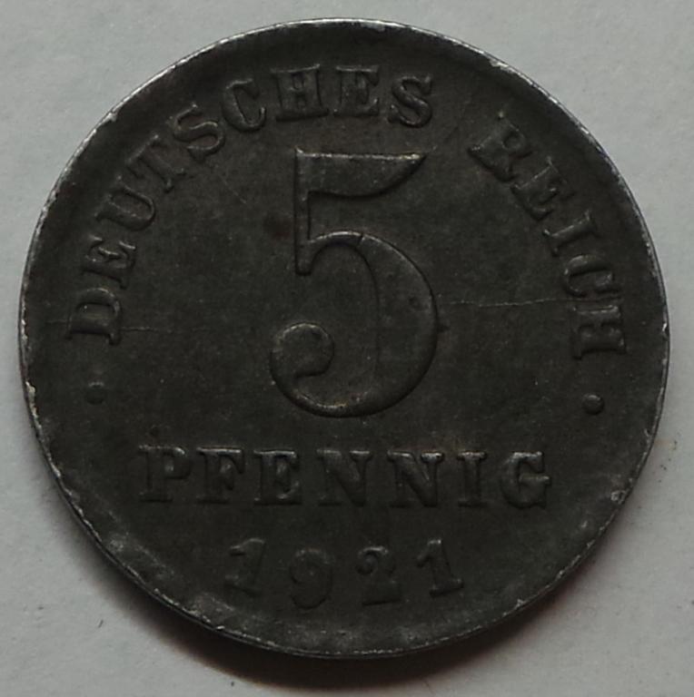 Германия 5 пфеннигов 1921 D года КМ#19