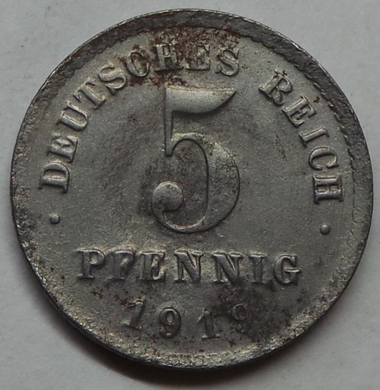 Германия 5 пфеннигов 1919 D года КМ#19