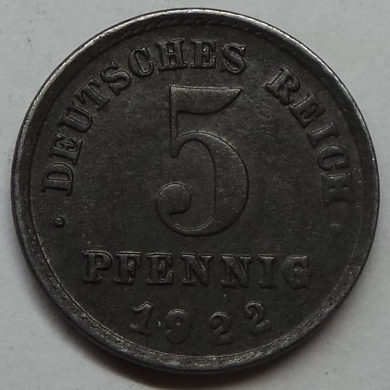 Германия 5 пфеннигов 1922 F года (3) КМ#19