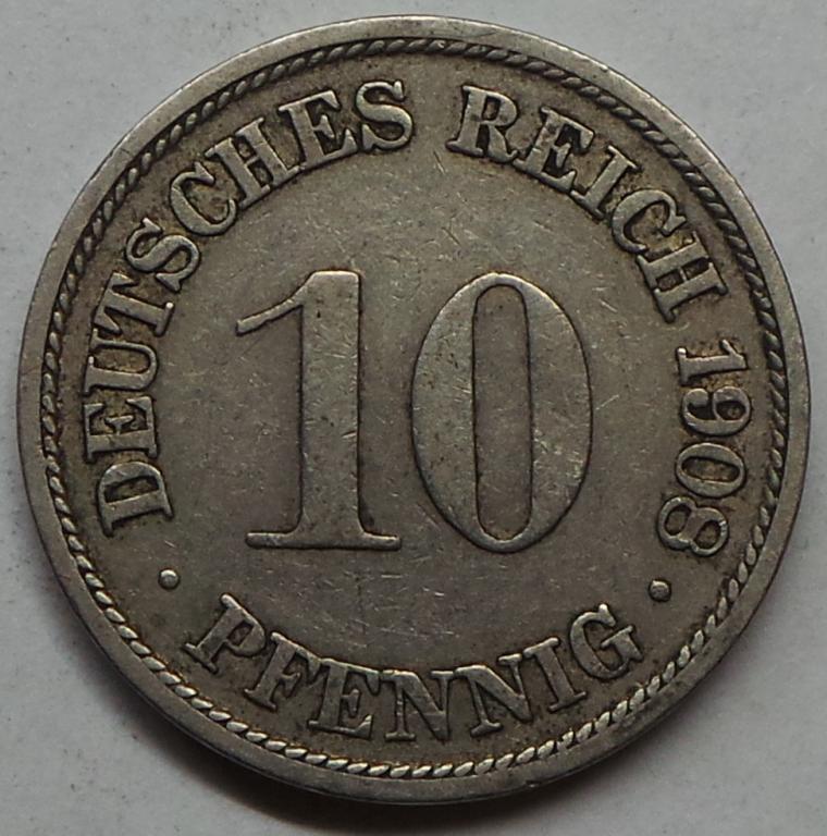 Германия 10 пфеннигов 1908 F года (2) КМ#12