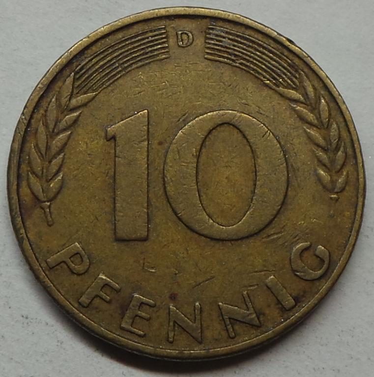 Германия 10 пфеннигов 1950 D года ФРГ (1) КМ#108