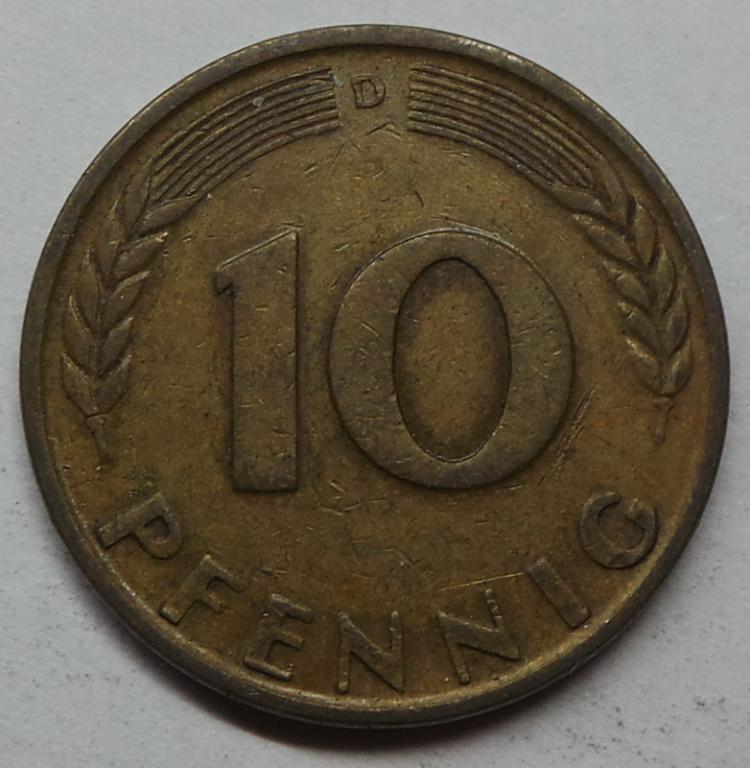 Германия 10 пфеннигов 1950 D года ФРГ (2) КМ#108
