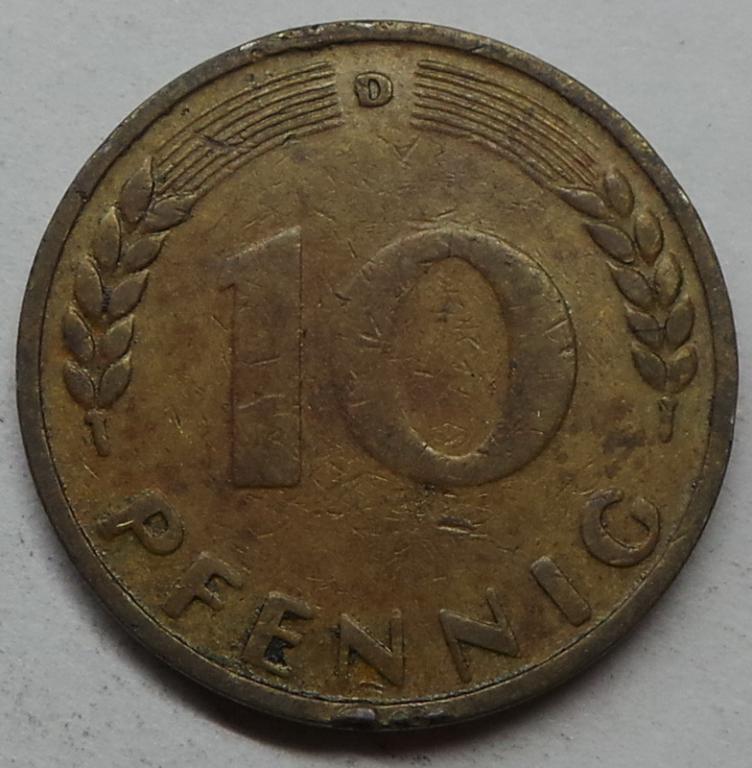 Германия 10 пфеннигов 1949 D года ФРГ (2) КМ#103