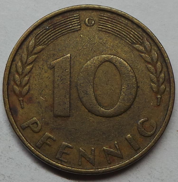 Германия 10 пфеннигов 1950 G года ФРГ (2) КМ#108