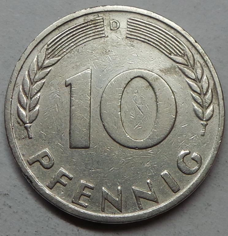 Германия 10 пфеннигов 1949 D года ФРГ (4) КМ#103