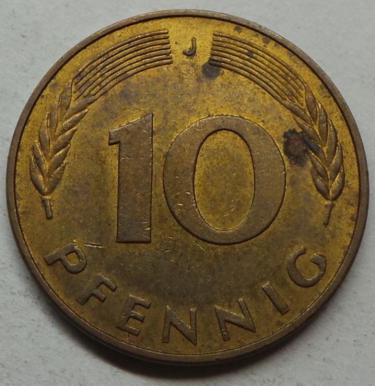 Германия 10 пфеннигов 1977 J года ФРГ КМ#108
