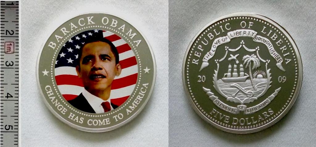 Либерия,5 долларов 2009 год,посеребрение,цветная эмаль,пруф,Б.Абама Парусник