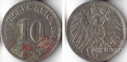 Германия 10 пфеннигов 1908 года A