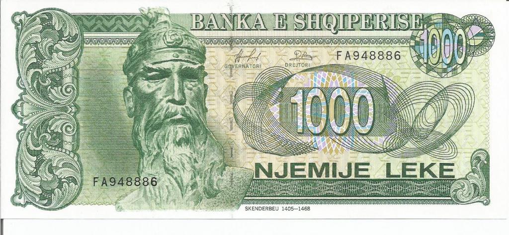 Албания  1000  лек  1995 года  пресс  UNC  (Р-61b) Чёрные подписи.