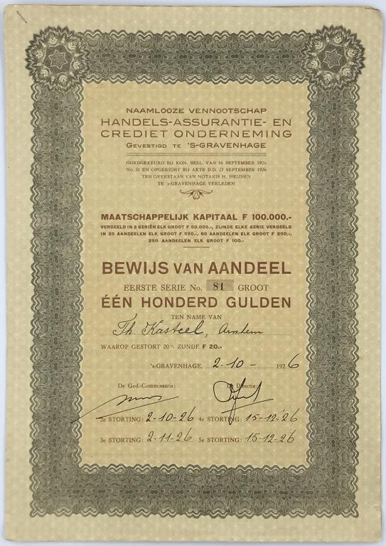 Голландия, Ценная бумага 1926, Handels-Assurantie-EN Crediet Onderneming