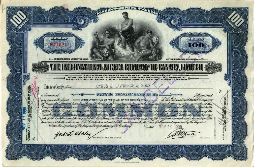 Канада, 1930,  сертификат на 100 акций, The International  Nikel Company of Canada