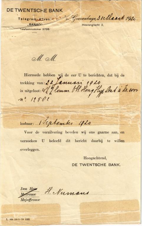 Голландия 1920, письмо из банка о начилении процентов по акциям