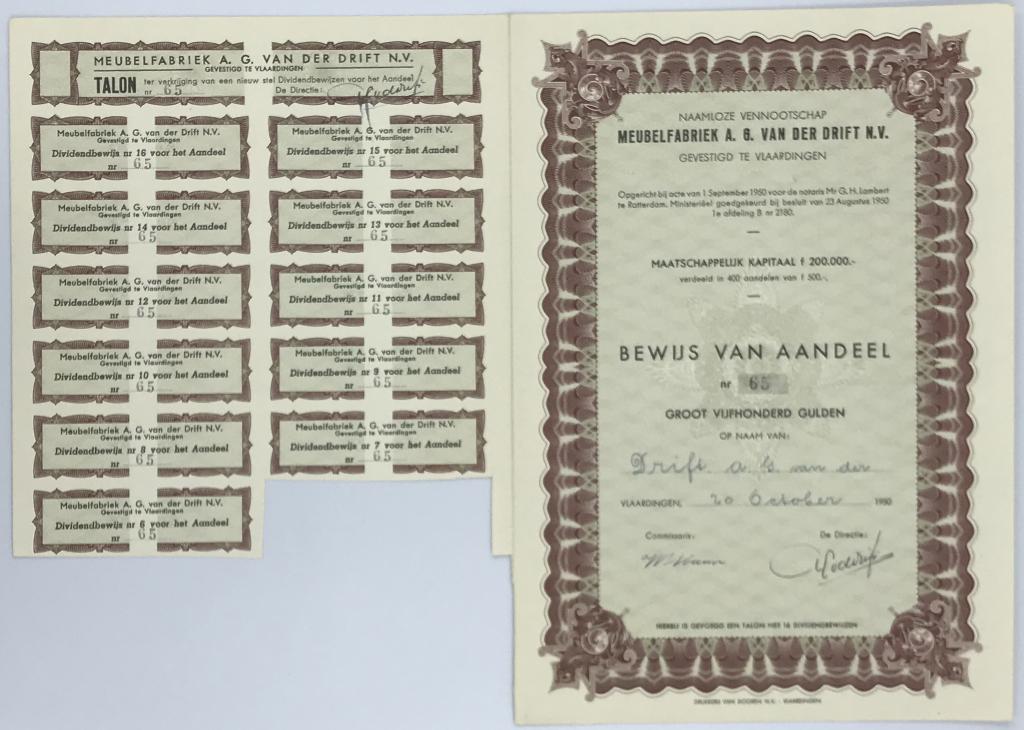 Голландия, 1950г., Ценная бумага Meubelfabriek A. 6 Van Der Drift N.V.