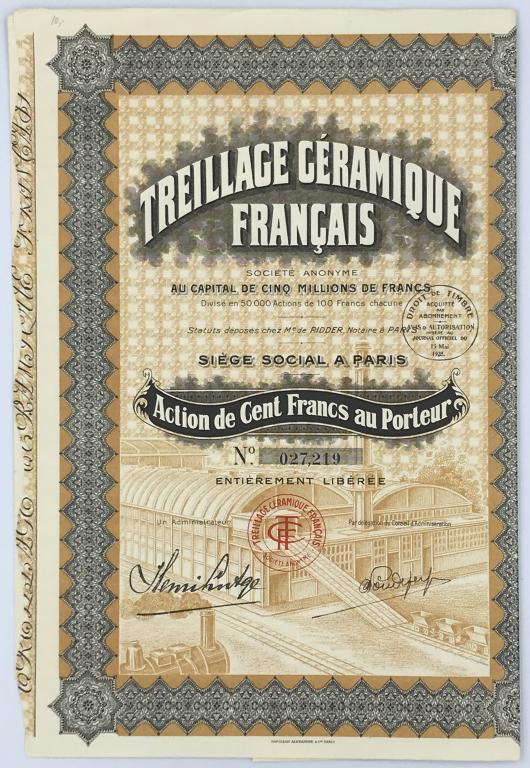 Франция, Париж, 1928г, Акция, Treillage Ceramique Franciais