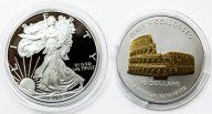 2 монеты: 10 долларов 2004 Науру, 1 доллар 2005 США. Серебро.
