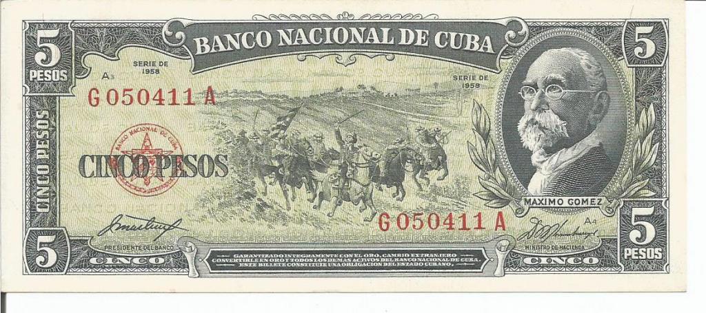 Куба  5  песо  1958  года  UNC   (Р-91a)  Печать "TDLR".