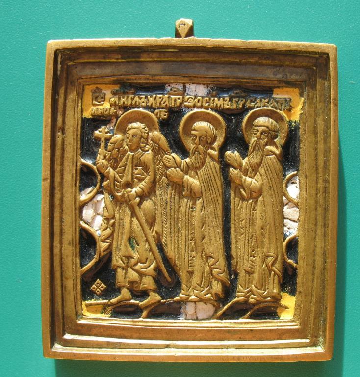 Икона - пластика «Ангел-хранитель, Зосима и Савватий Соловецкие» 3 эмали / клеймо «Г»