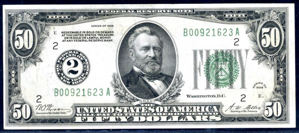 Как выглядят старые и новые доллары 50 США 50 долларов 1928 года (Fr# 2100-B) Federal Reserve Note (Состояние)