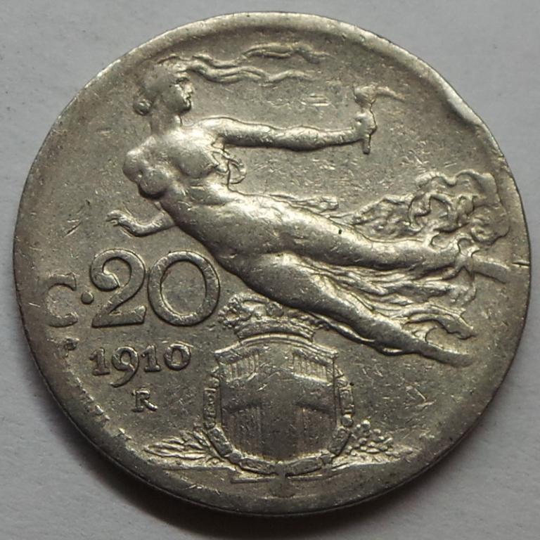 Италия 20 чентезимо 1910 R года (2) КМ#44