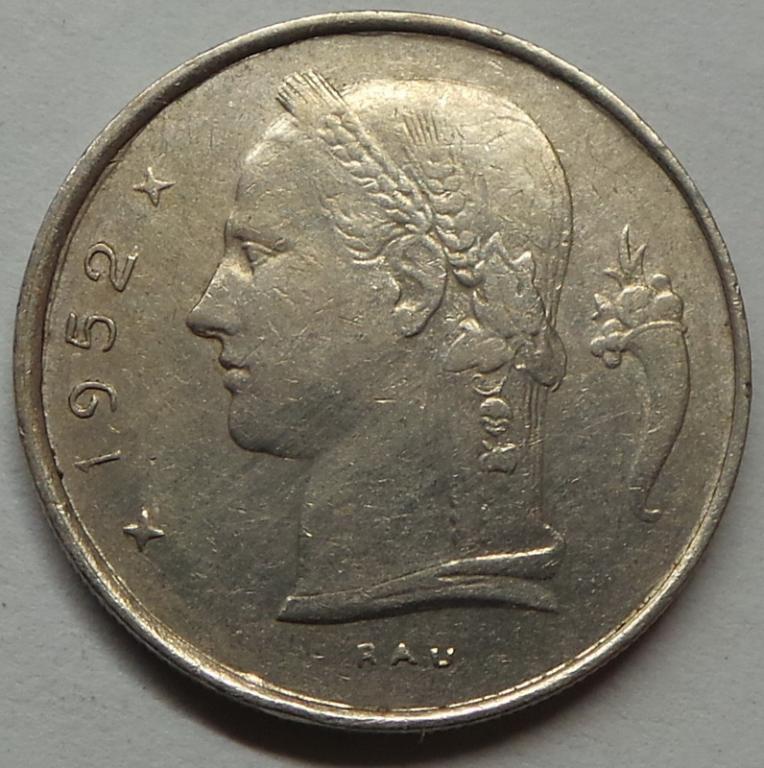 Бельгия 1 франк 1952 года (1) КМ#142.1