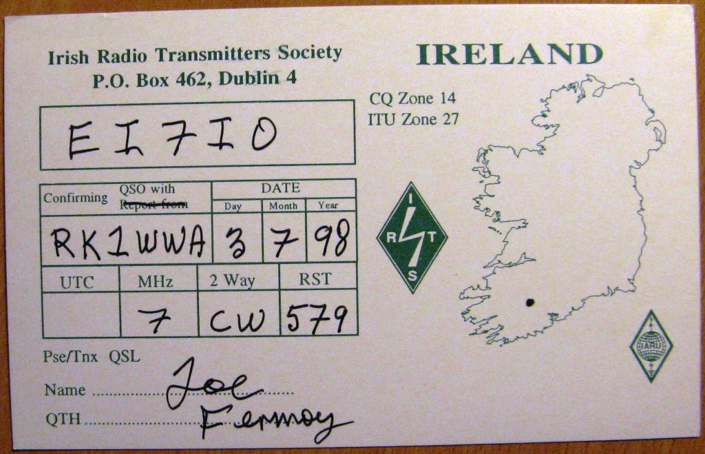 К22-722 QSL КАРТОЧКА РАДИООБМЕНА ИРЛАНДИЯ 1998
