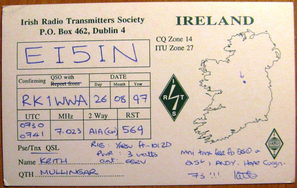 К22-721 QSL КАРТОЧКА РАДИООБМЕНА ИРЛАНДИЯ 1997