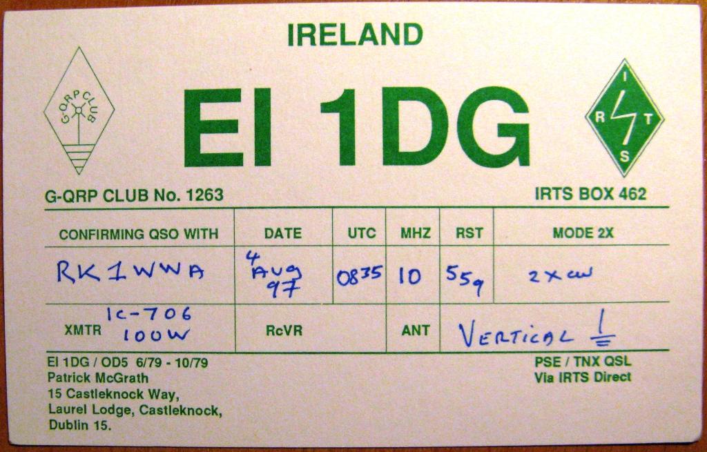 К22-720 QSL КАРТОЧКА РАДИООБМЕНА ИРЛАНДИЯ 1997