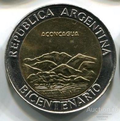 Аргентина 1 песо 2010 года. 200 лет Независимости - вулкан Аконкагуа. БИМЕТАЛЛ UNC