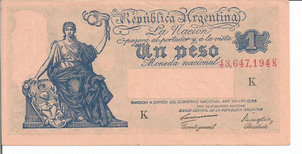 Аргентина 1 песо ND (1935) года аUNC (Р-251d) Серия "К" Вариант подписи.