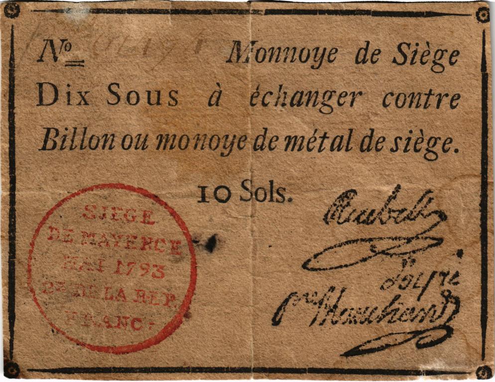 Франция, 10 соле (Sols) осада Майнц 1793г.