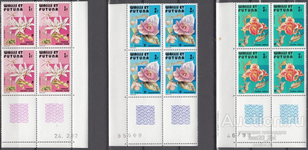 Уоллис и Футуна 1982 цветы Mi411-413 MNH квартблоки