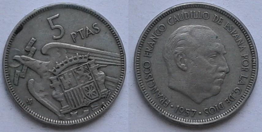 Испания. 5 песет, никель, 1957(61)