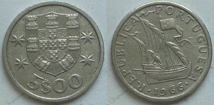 Португалия. Парусник - 5 эскудо, никель, 1966