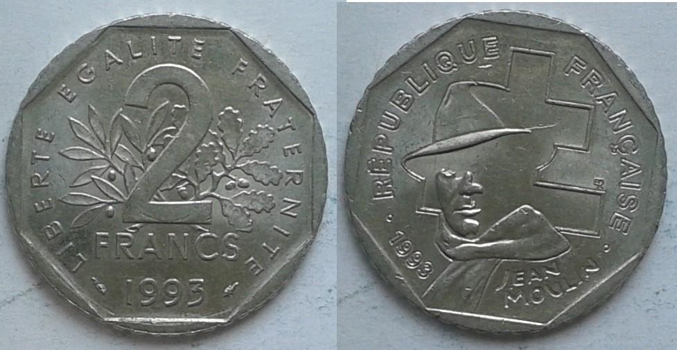 Франция. Жан Мулен - 2 франка, никель, 1993г.