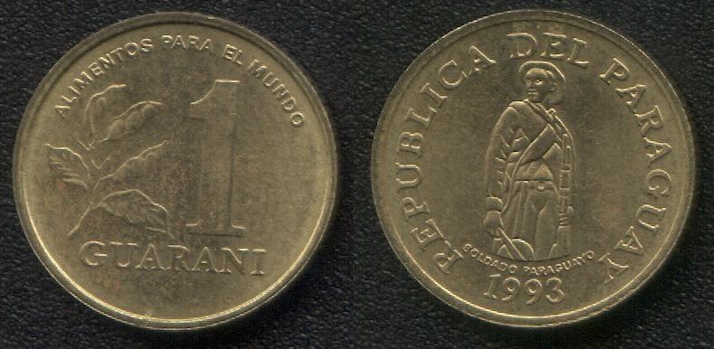(412)Парагвай – 1 гуарани (1993), сталь покрытая бронзой, KM#192