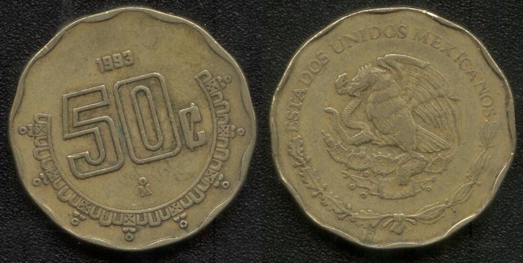 (481)Мексика - 50 сентаво(1993), алюминиевая бронза, KM#349