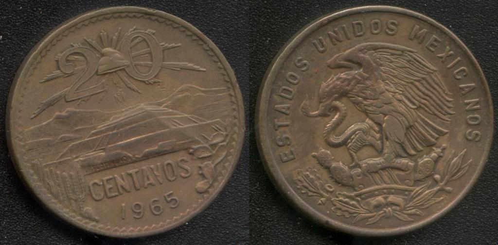 (477)Мексика - 20 сентаво(1965), бронза, KM#440
