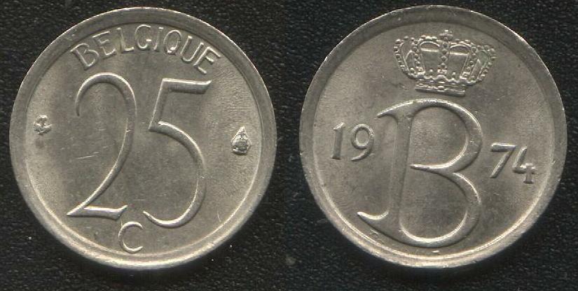 (517)Бельгия – 25 сентимо (1974), медно-никель (BELGIQUE), KM#153.1