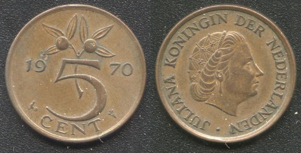 (722)Нидерланды – 5 центов (1970),бронза,KM#181