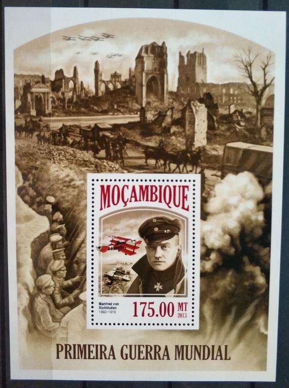 Мозамбик 2013 блок Манфред фон Рихтгофен самолет Фоккер красный барон