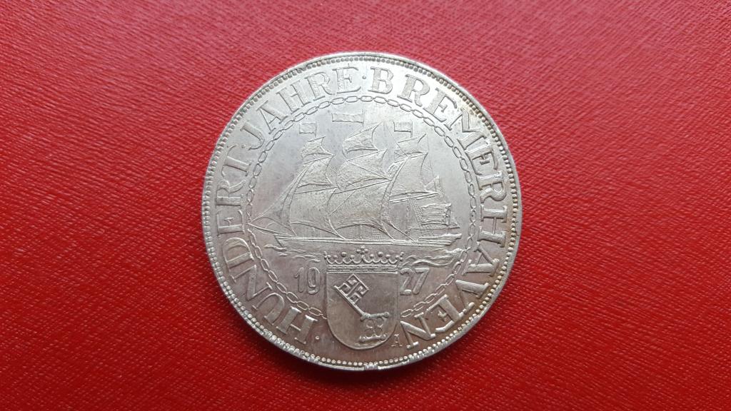 Веймар 5 марок 1927 Бремерхафен серебро копия Парусник