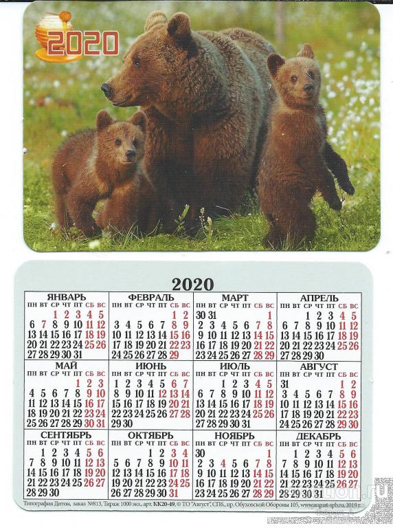 Календарь карманный. Россия.2020. Фауна. Животные. Бурый медведь